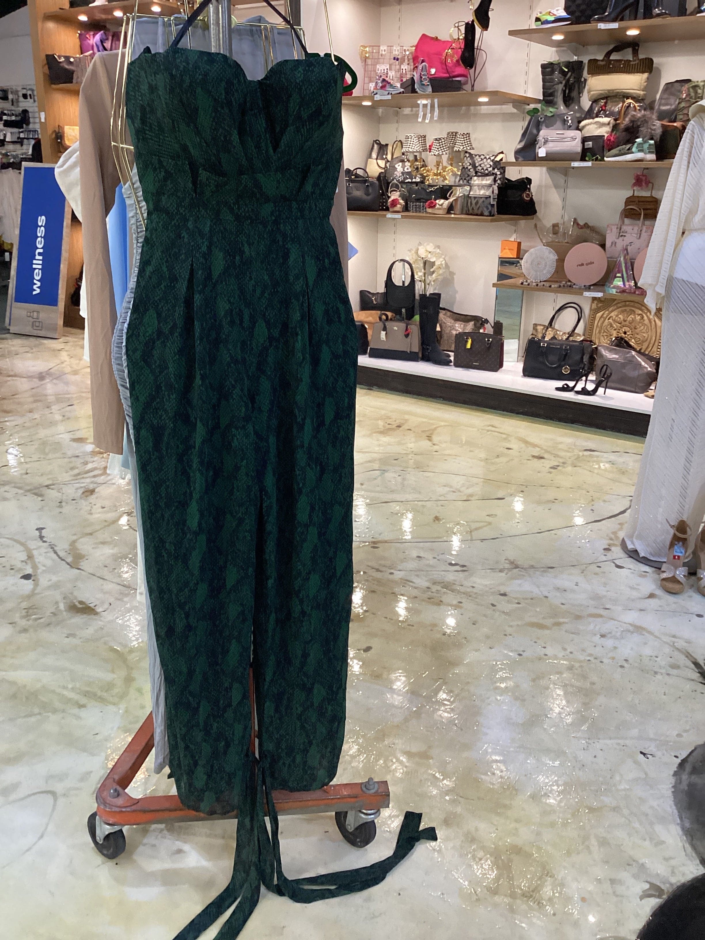 NWT Michael Costello Green and Black Snake Print Strapless Jumpsuit - Thumbnail 2