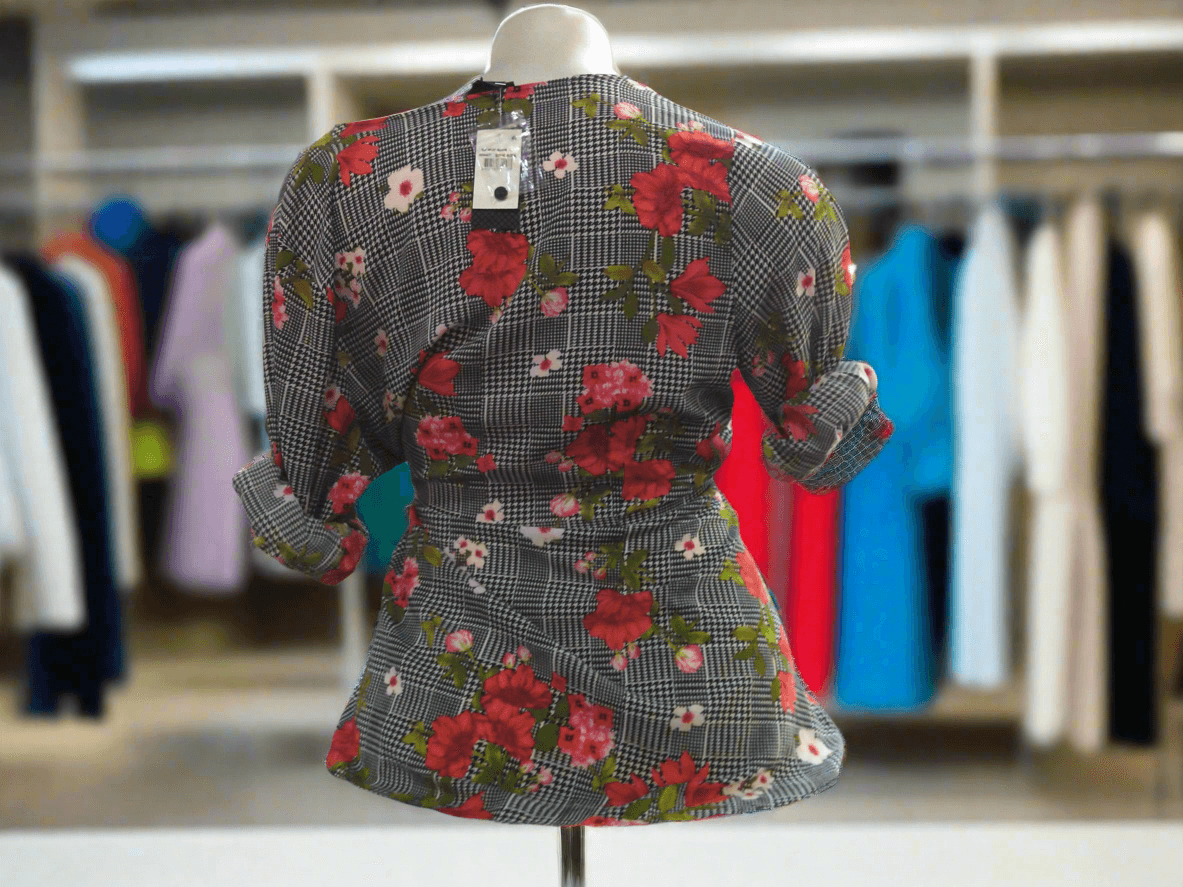 City Chic Houndstooth Floral Long Sleeve Wrap Blouse - Thumbnail 2