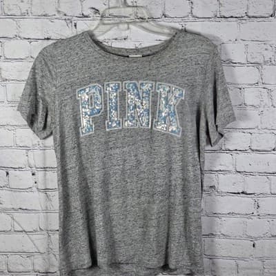 Victoria Secret Large Gray W/ Iridescent White Sequins "Pink" T-Shirt - Thumbnail 2