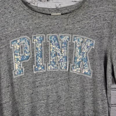 Victoria Secret Large Gray W/ Iridescent White Sequins "Pink" T-Shirt - Thumbnail 3
