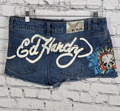ED HARDY Women's Size 28 Distressed Retro Painted Denim Shorts - Thumbnail 5
