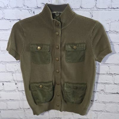 Lauren Ralph Lauren Women's Petite Green Short Sleeve Military Utility Cardigan - Thumbnail 2