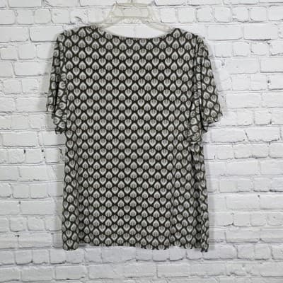 Liz Claiborne Women's XL Cl Olive Green White Leaf Print Flutter Sleeve Blouse - Thumbnail 6