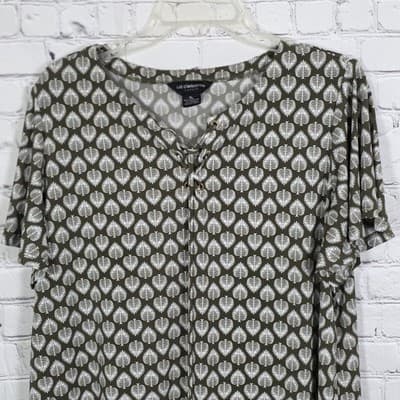 Liz Claiborne Women's XL Cl Olive Green White Leaf Print Flutter Sleeve Blouse - Thumbnail 2