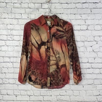 Da Nang Sz XS Red- Gold Animal Print 100 % Silk Button Down Blouse - Thumbnail 2