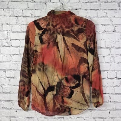 Da Nang Sz XS Red- Gold Animal Print 100 % Silk Button Down Blouse - Thumbnail 5