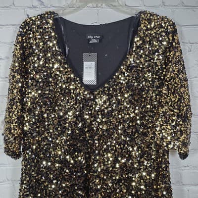 City Chic Women's XS/14 Gold Sequin V-Neck Glam Dress - Thumbnail 2