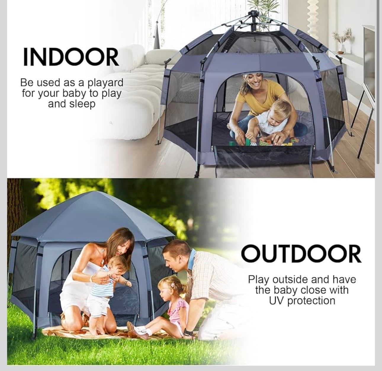 Premium in Door and Out Door Baby Playpen - Portable, Lightweight, Pop Up Pack and Play Tod-dler Play Yard w/Canopy and Travel Bag - Grey - Thumbnail 2