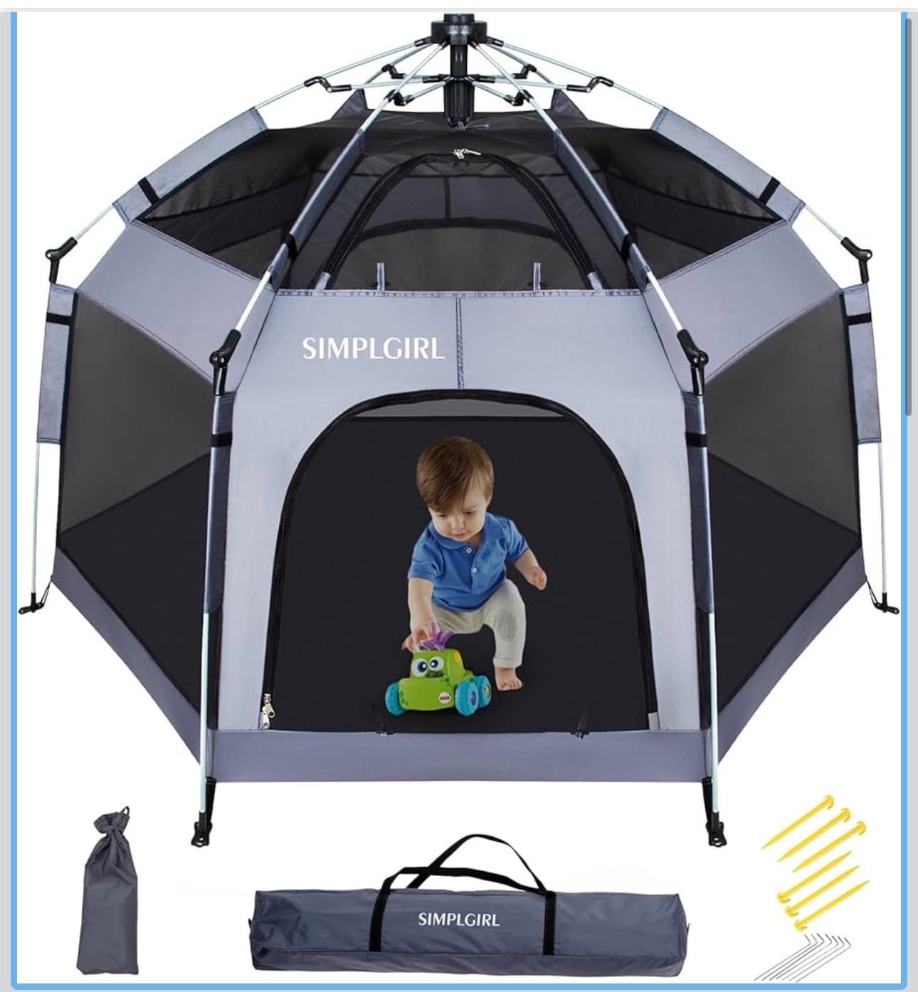 Premium in Door and Out Door Baby Playpen - Portable, Lightweight, Pop Up Pack and Play Tod-dler Play Yard w/Canopy and Travel Bag - Grey