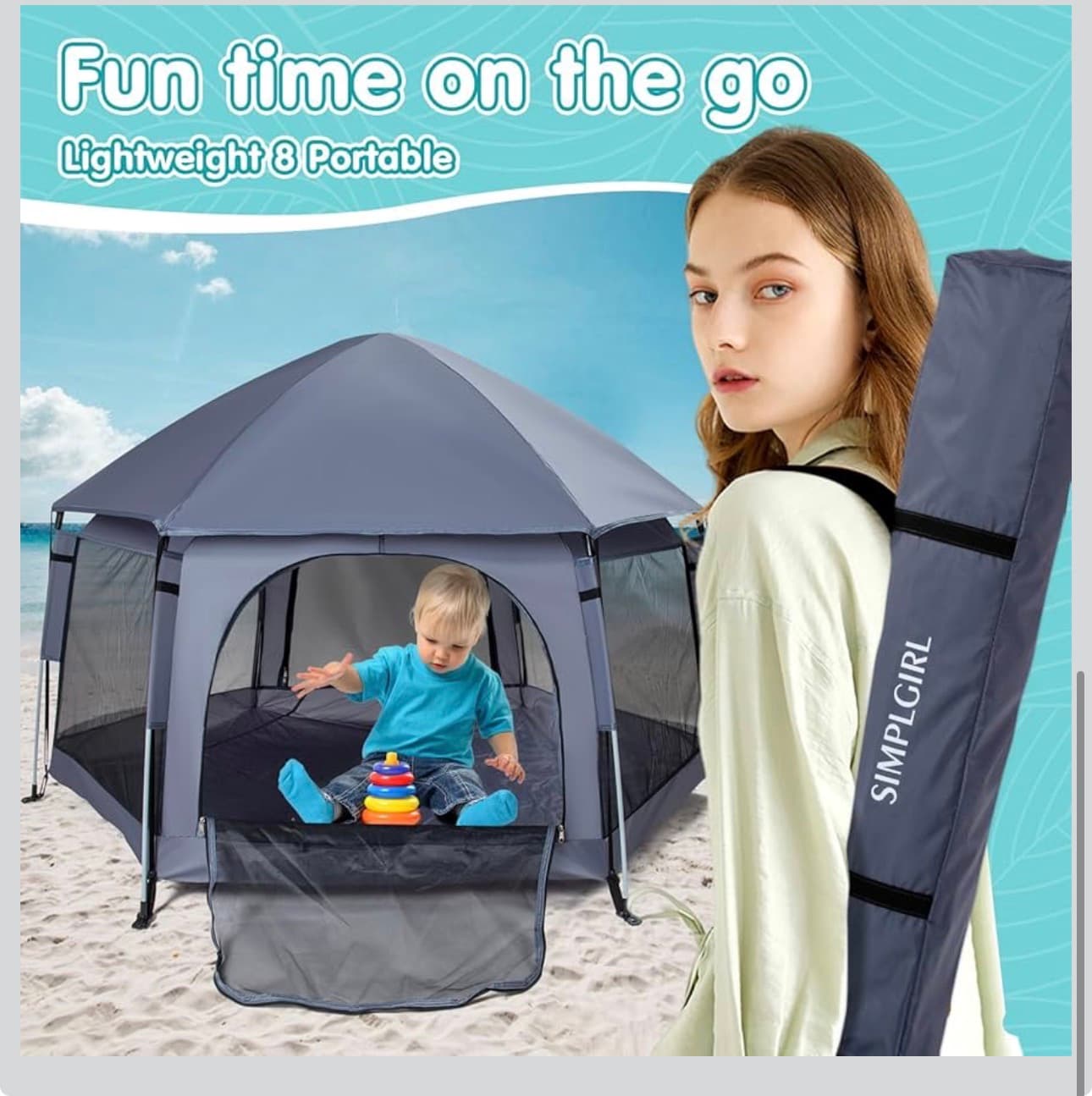 Premium in Door and Out Door Baby Playpen - Portable, Lightweight, Pop Up Pack and Play Tod-dler Play Yard w/Canopy and Travel Bag - Grey - Thumbnail 9