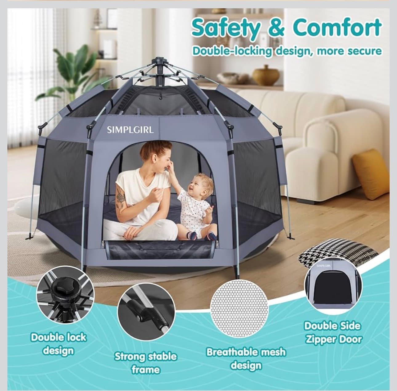 Premium in Door and Out Door Baby Playpen - Portable, Lightweight, Pop Up Pack and Play Tod-dler Play Yard w/Canopy and Travel Bag - Grey - Thumbnail 8