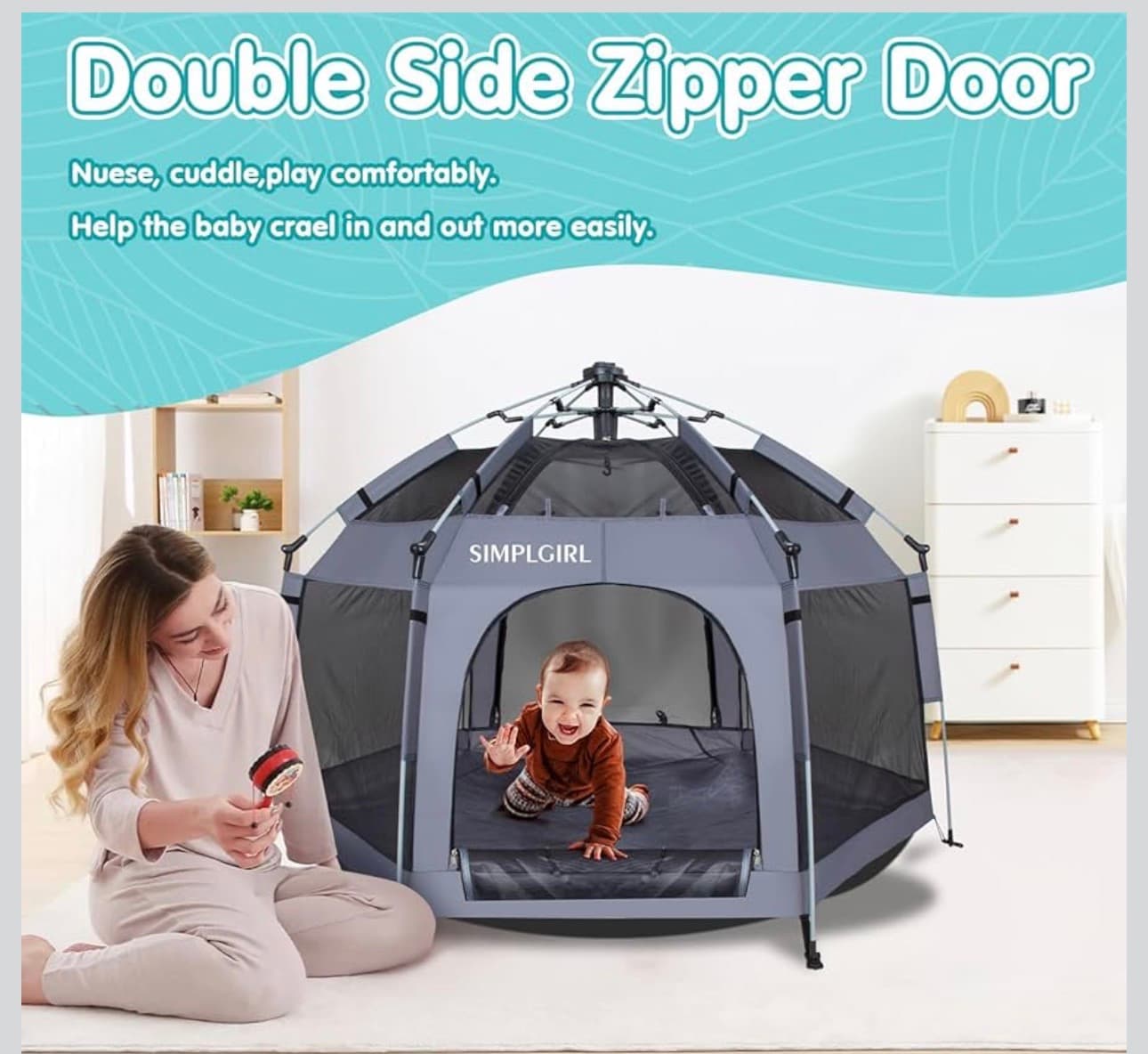 Premium in Door and Out Door Baby Playpen - Portable, Lightweight, Pop Up Pack and Play Tod-dler Play Yard w/Canopy and Travel Bag - Grey - Thumbnail 7
