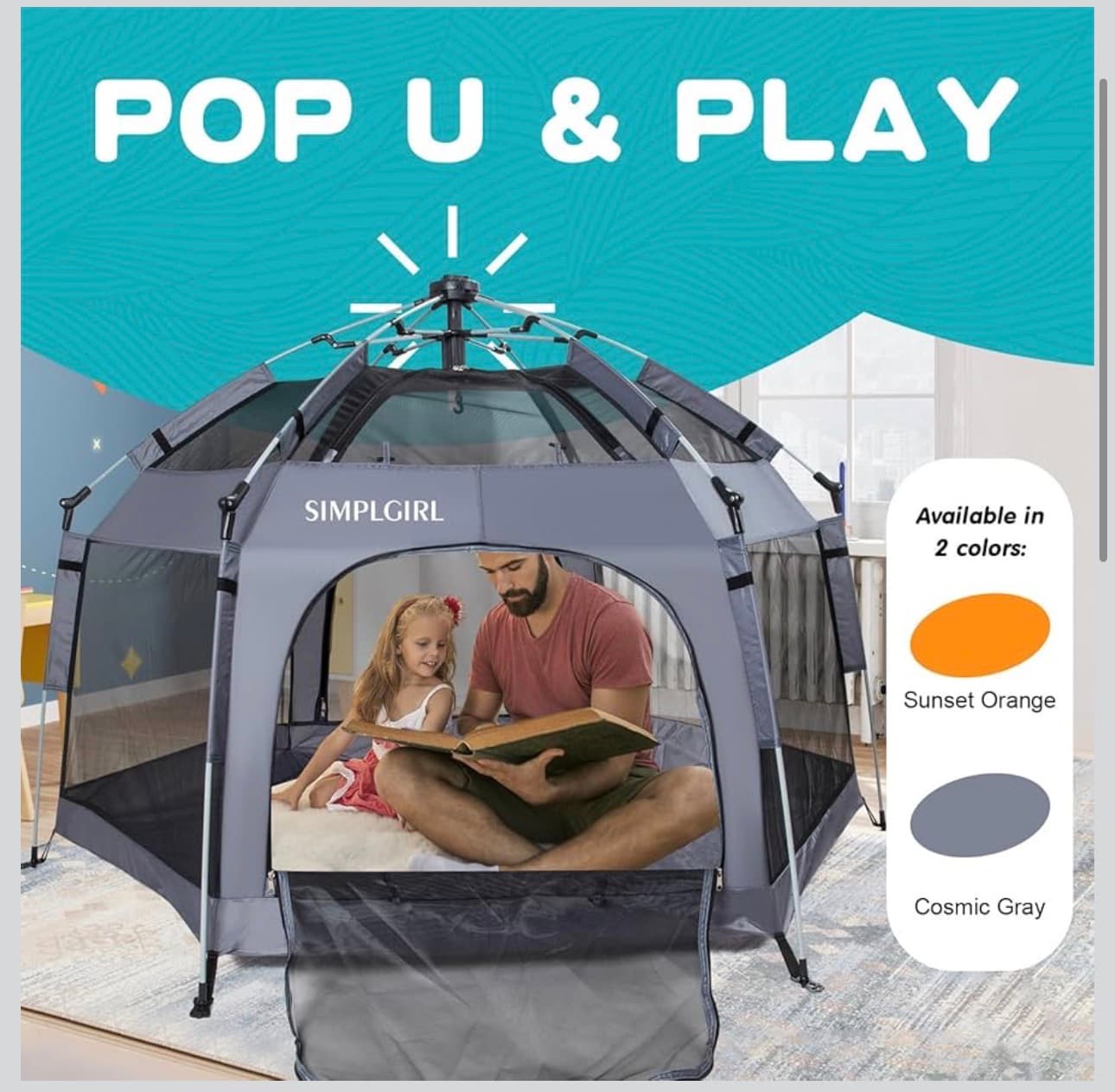 Premium in Door and Out Door Baby Playpen - Portable, Lightweight, Pop Up Pack and Play Tod-dler Play Yard w/Canopy and Travel Bag - Grey - Thumbnail 3