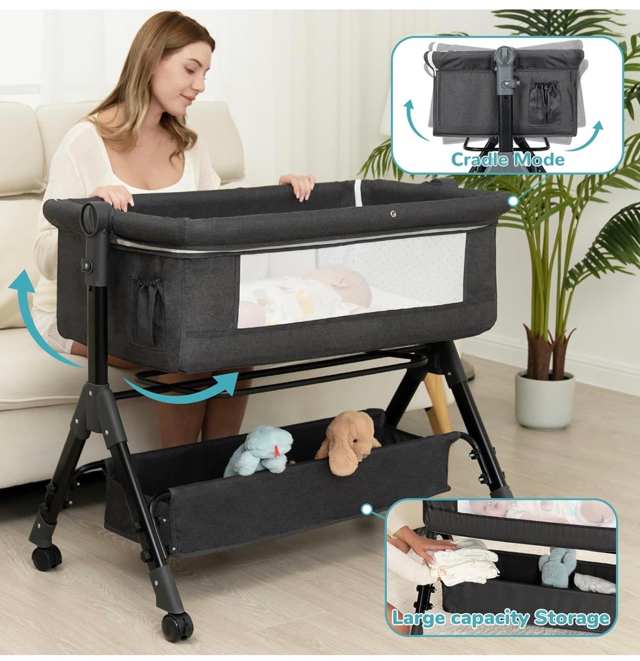 BCOL Baby Bassinet, Bedside Bassinet for Baby, 3 in 1 Bassinet Bedside Sleeper with Wheels, Mosquito Net, Adjustable Easy Folding Portable Bed for Infant Newborn (Dark Grey) - Thumbnail 2