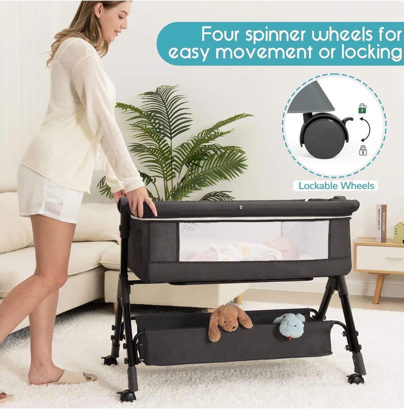 BCOL Baby Bassinet, Bedside Bassinet for Baby, 3 in 1 Bassinet Bedside Sleeper with Wheels, Mosquito Net, Adjustable Easy Folding Portable Bed for Infant Newborn (Dark Grey) - Thumbnail 5