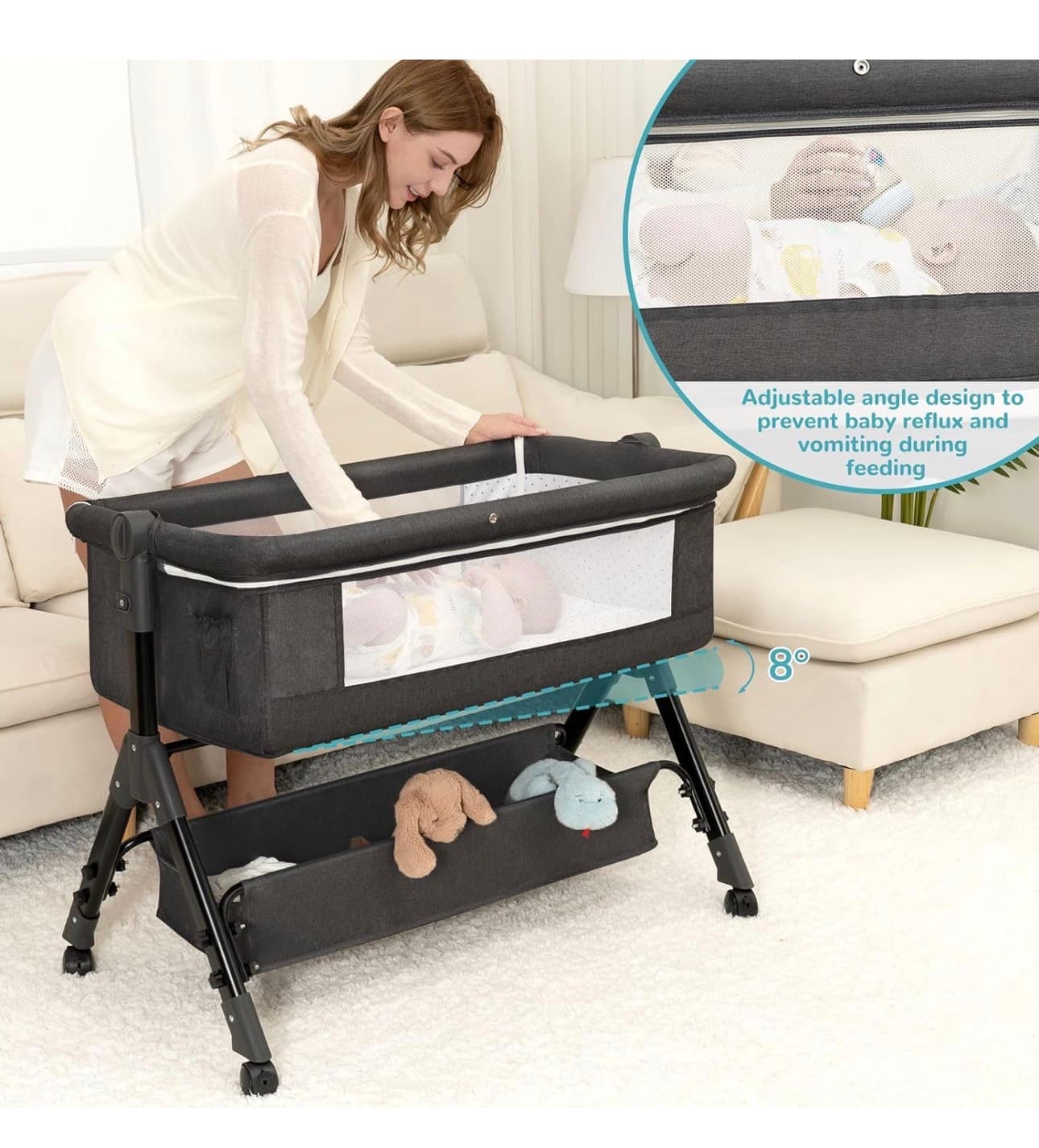 BCOL Baby Bassinet, Bedside Bassinet for Baby, 3 in 1 Bassinet Bedside Sleeper with Wheels, Mosquito Net, Adjustable Easy Folding Portable Bed for Infant Newborn (Dark Grey) - Thumbnail 4