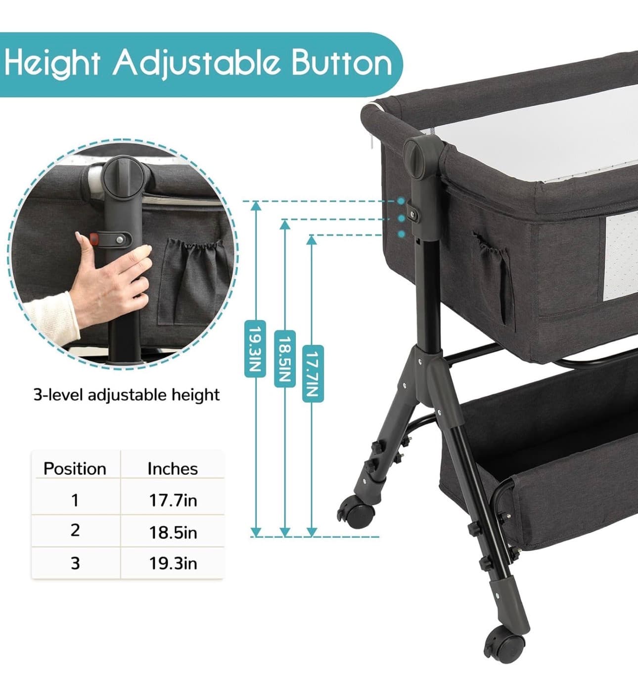 BCOL Baby Bassinet, Bedside Bassinet for Baby, 3 in 1 Bassinet Bedside Sleeper with Wheels, Mosquito Net, Adjustable Easy Folding Portable Bed for Infant Newborn (Dark Grey) - Thumbnail 3