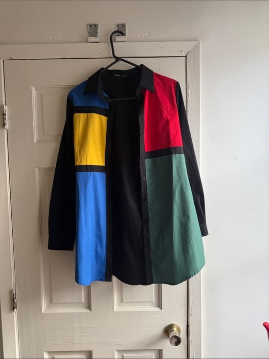 SHEIN Colorblock Button-Down Shirt Jacket in Black, Red, Blue, Yellow, Green - Thumbnail 3