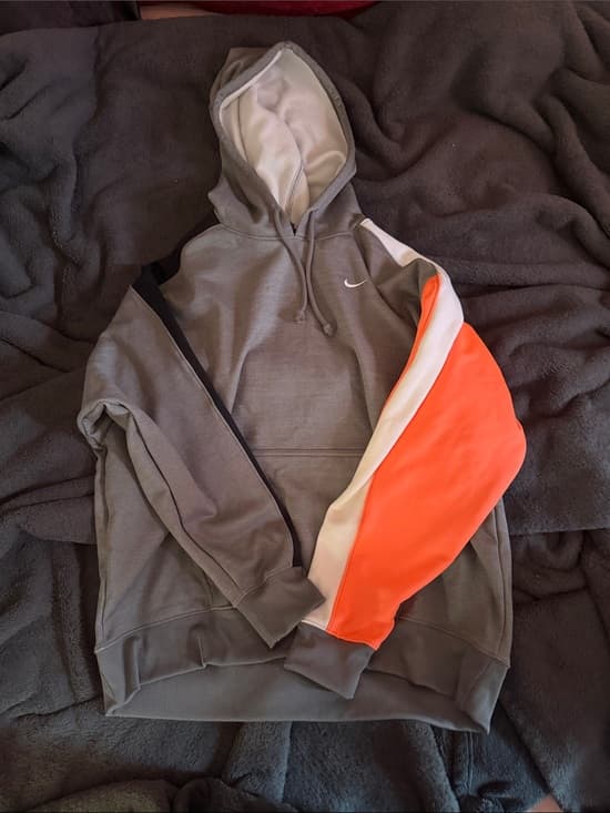 Nike Gray Hoodie with Orange and White Colorblock Sleeve - Thumbnail 2