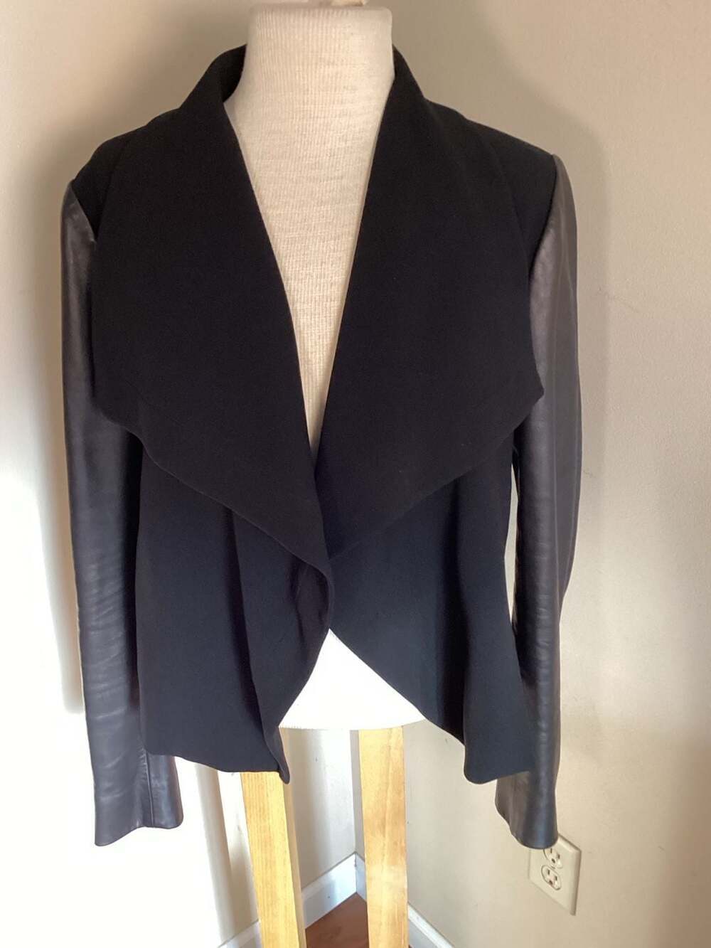 Diane von Furstenberg Olympia Drape Front Leather Sleeve Blazer Jacket Size 12 - Thumbnail 4