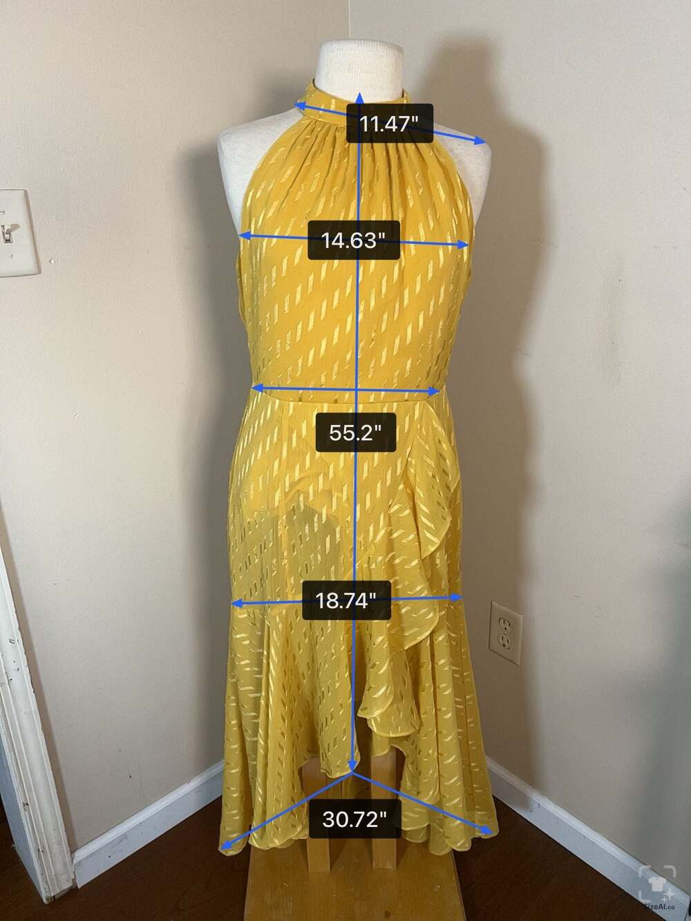 Maison Tara Yellow Metallic Jacquard High-Low Halter Dress Size 12 - Thumbnail 3