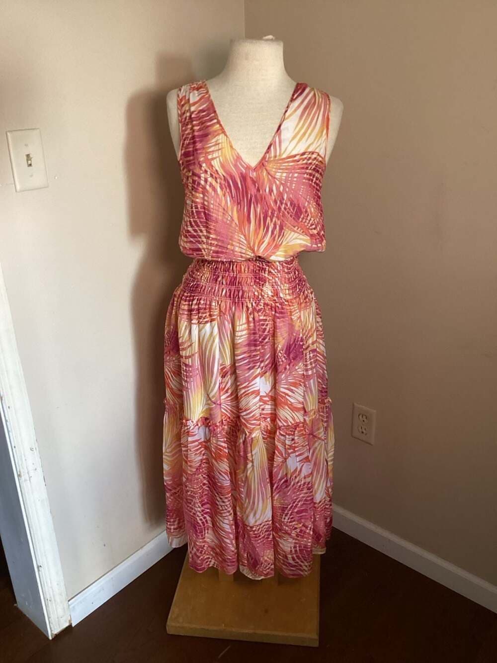 Ramy Brook Dress Women's Small Orange Pink Palm Tropical Tiered Smocked Silk - Thumbnail 2