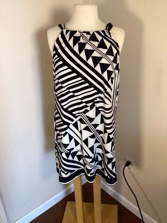 Trina Turk Black and White Geometric Print Halter Neck Tie Back Mini Dress Size - Thumbnail 7