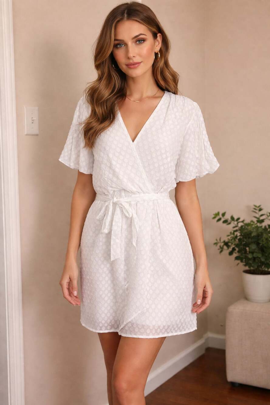 Fraiche by J White Swiss Dot Jacquard Faux Wrap Dress - Thumbnail 4
