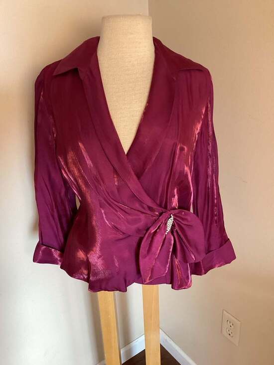 Vintage Ronni Nicole by Ouida Shimmer Wrap Top XL Magenta Rhinestone Buckle - Thumbnail 5