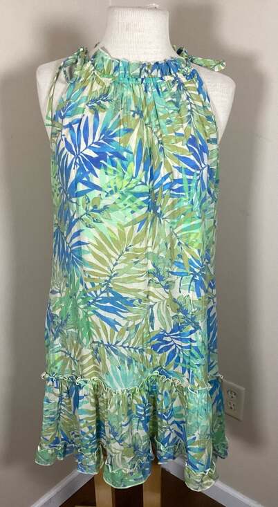 Robbie Bee Tropical Palm Leaf Ruffle Halter Dress Size L - Thumbnail 4