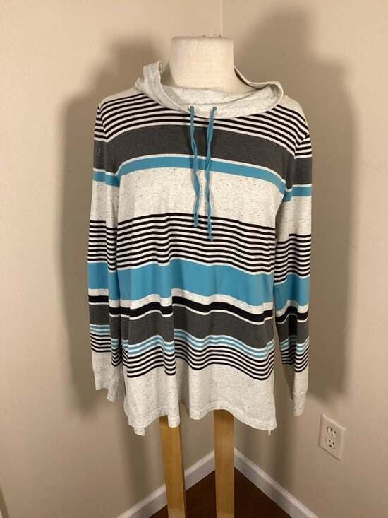 T by Talbots Striped Cowl Neck Pullover Hoodie in White, Teal and Grey - Thumbnail 4