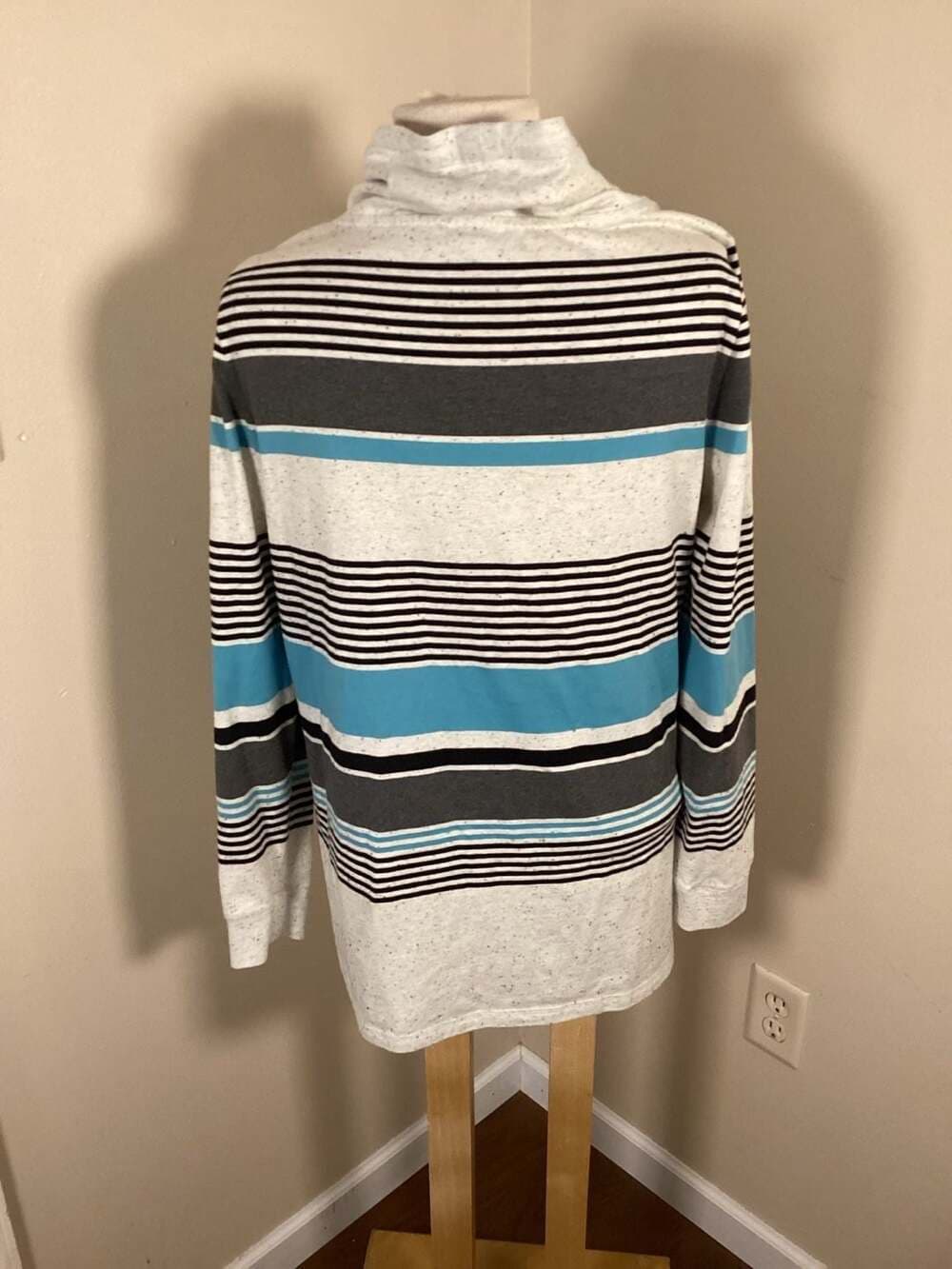 T by Talbots Striped Cowl Neck Pullover Hoodie in White, Teal and Grey - Thumbnail 2