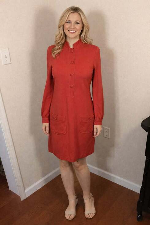 Trina Turk Madge Red Long Sleeve Button Down Shift Dress with Pockets - Thumbnail 5