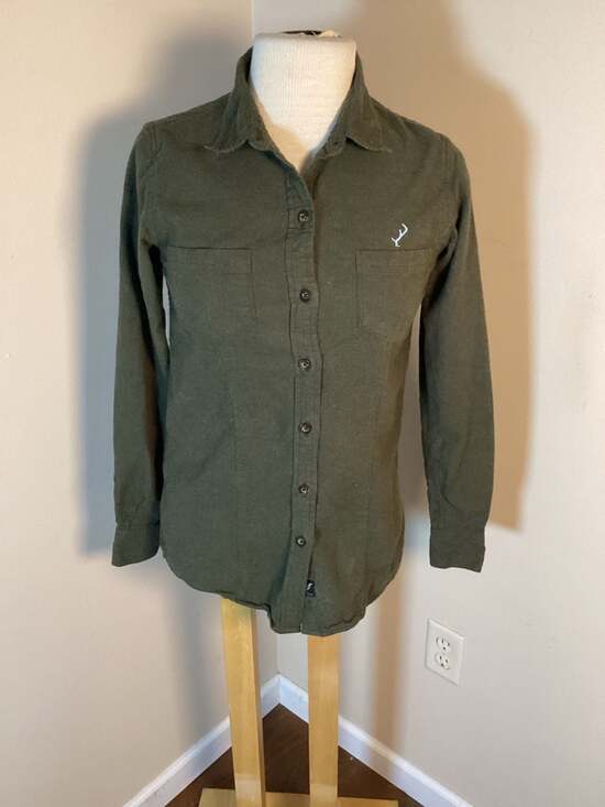 Pladra x Rachel Pohl Art Women's Long Sleeve Button Down Shirt Olive Green XS - Thumbnail 4