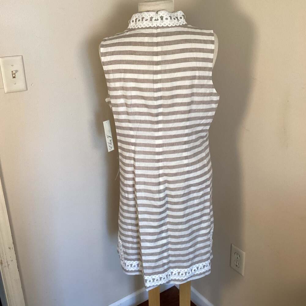 Eliza J Striped Linen-Cotton Blend Shift Dress with Crochet Trim - Thumbnail 2