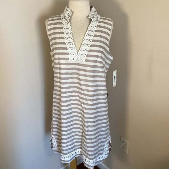 Eliza J Striped Linen-Cotton Blend Shift Dress with Crochet Trim - Thumbnail 4