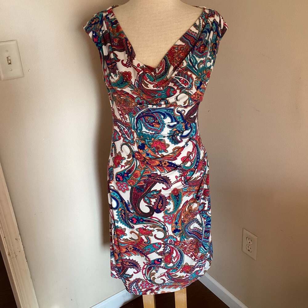 Lauren Ralph Lauren Paisley Ruched Cowl Neck Sleeveless Sheath Dress Size 10 - Thumbnail 3