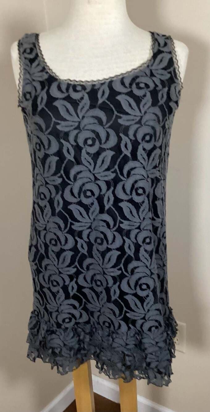 Aqua Grey & Black Rose Lace Ruffle Hem Sleeveless Mini Dress Size Small - Thumbnail 2