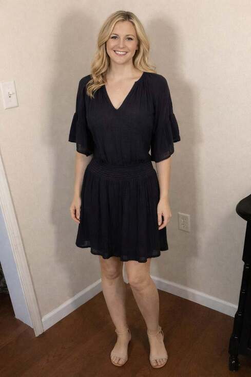 Michael Stars Black Katelyn Smocked Waist Flounce Sleeve V-Neck Mini Dress - Thumbnail 5