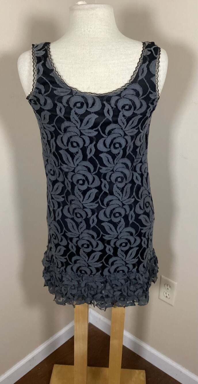 Aqua Grey & Black Rose Lace Ruffle Hem Sleeveless Mini Dress Size Small - Thumbnail 3
