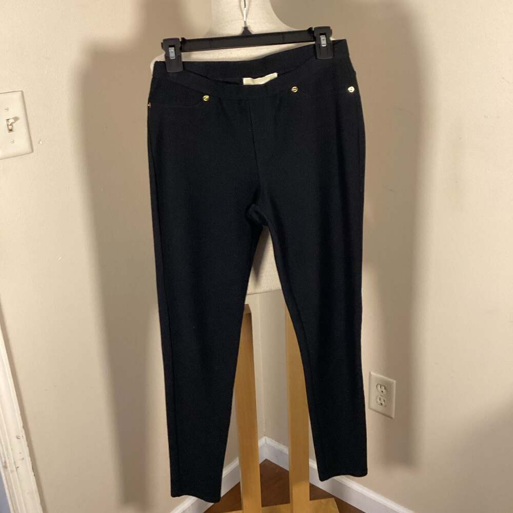 MICHAEL Michael Kors Black Stretch Knit Twill Pull-On Legging Pants with Gold Ri - Thumbnail 5