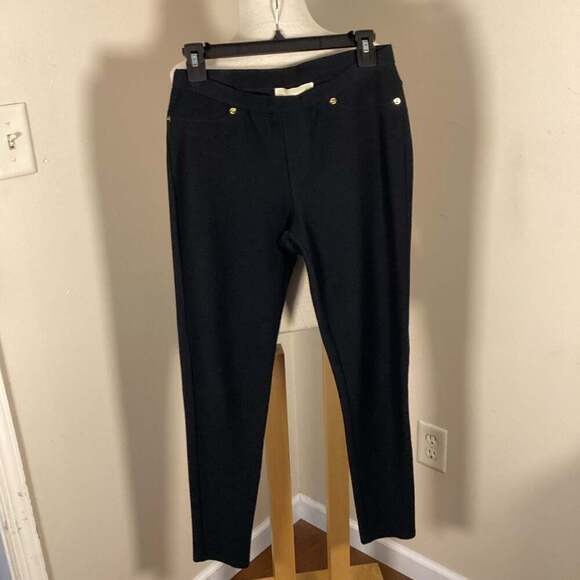 MICHAEL Michael Kors Black Stretch Knit Twill Pull-On Legging Pants with Gold Ri - Thumbnail 6