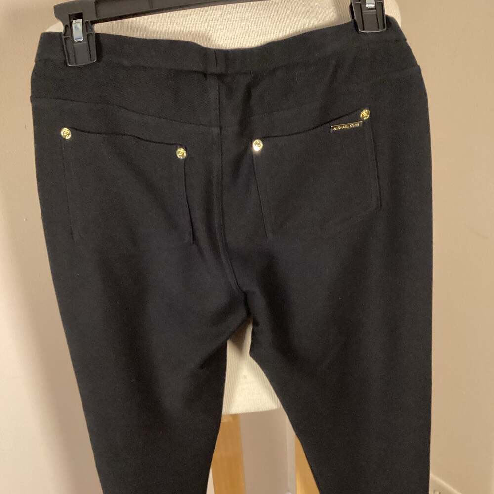MICHAEL Michael Kors Black Stretch Knit Twill Pull-On Legging Pants with Gold Ri - Thumbnail 4