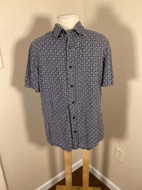Christian Lacroix Men's Blue Floral Geometric Short Sleeve Button Down Shirt Siz - Thumbnail 4