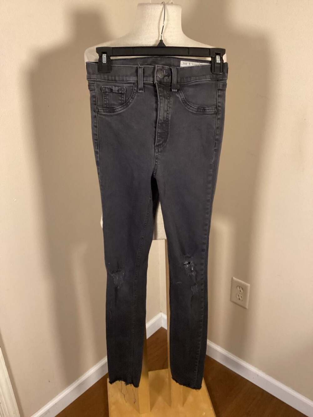 rag & bone High Rise Skinny Jeans in Night Dark Gray with Knee Rips and Raw Hem - Thumbnail 3