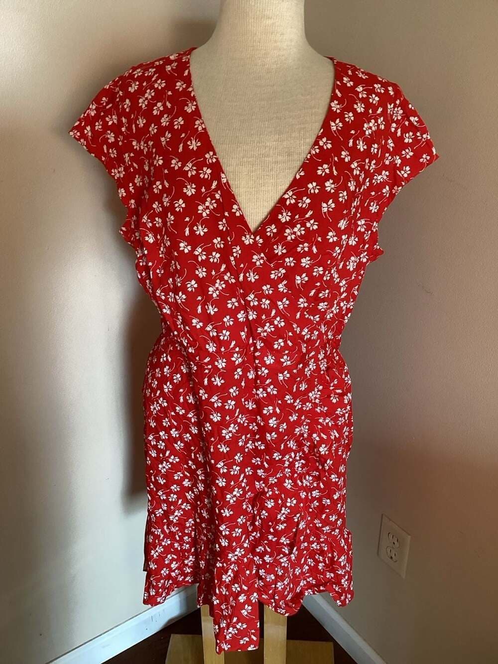 J.Crew Mercantile Red and White Floral Faux Wrap Ruffle Mini Dress Size 14 - Thumbnail 3