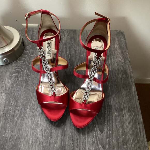Badgley Mischka Red Satin Crystal Embellished Stiletto Heels Size 8 - Thumbnail 7