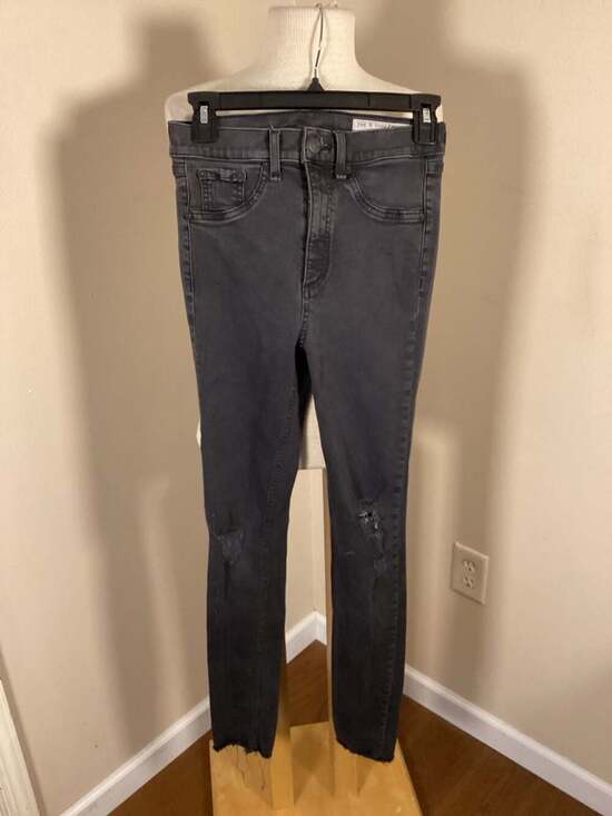 rag & bone High Rise Skinny Jeans in Night Dark Gray with Knee Rips and Raw Hem - Thumbnail 4