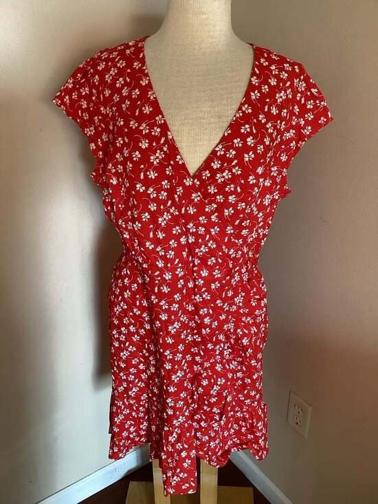 J.Crew Mercantile Red and White Floral Faux Wrap Ruffle Mini Dress Size 14 - Thumbnail 4