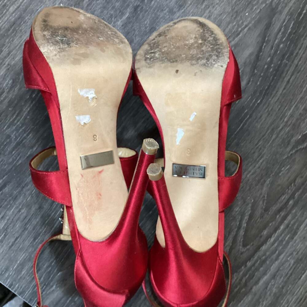 Badgley Mischka Red Satin Crystal Embellished Stiletto Heels Size 8 - Thumbnail 5